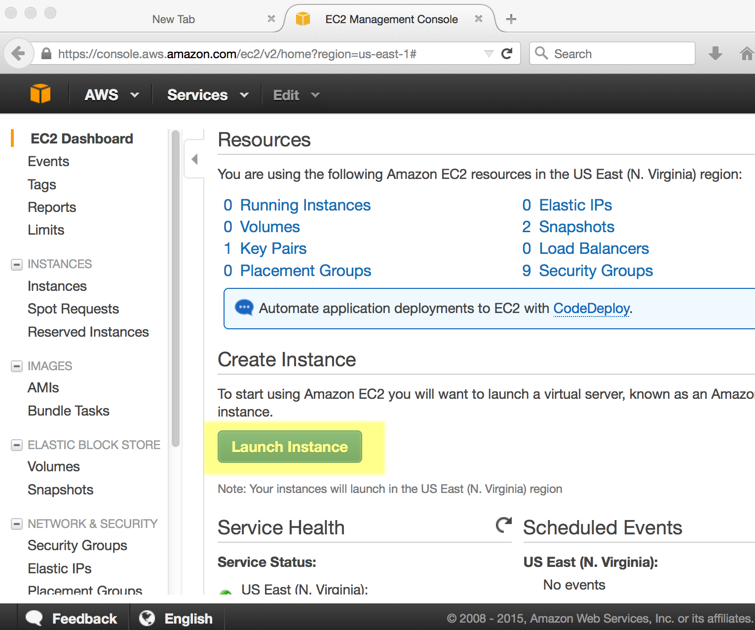 Screenshot of AWS EC2 dashboard showing location of launch instance button.