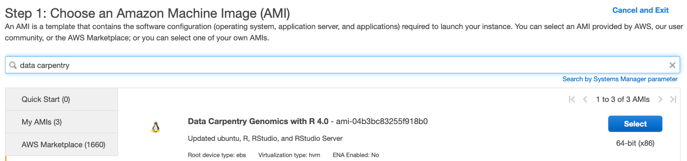 Screenshot of AMI launch wizard showing search function.