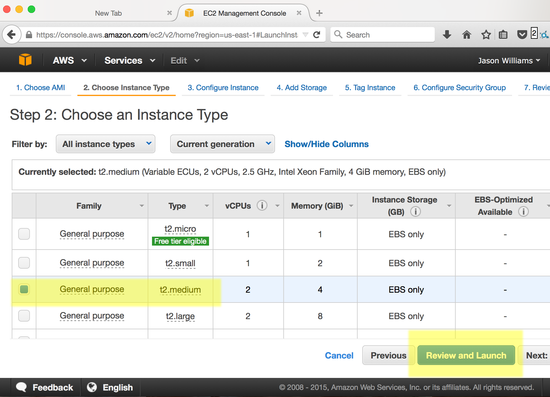 Screenshot of AMI launch wizard showing choosing t2.medium image type.