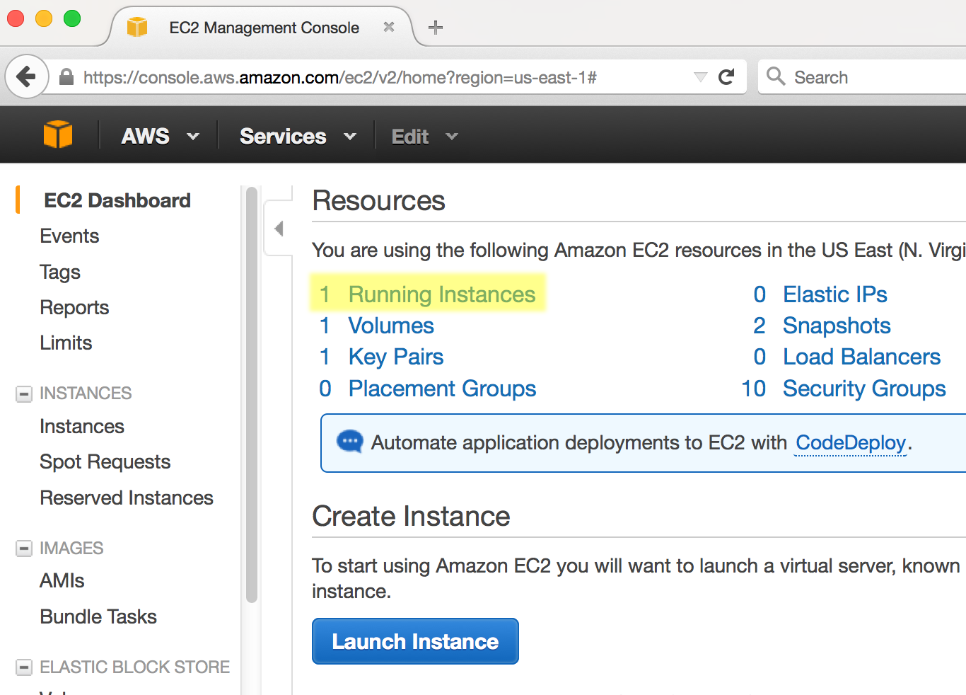 Screenshot of AWS EC2 dashboard showing number of running instances.