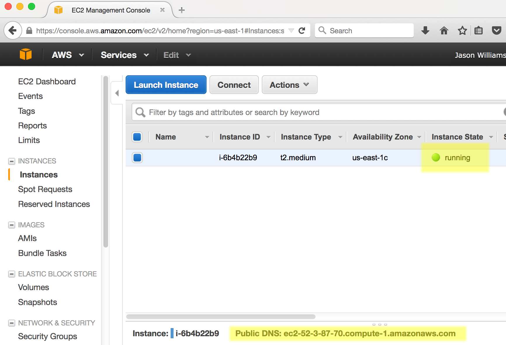 Screenshot of AWS EC2 dashboard showing instance state as running.