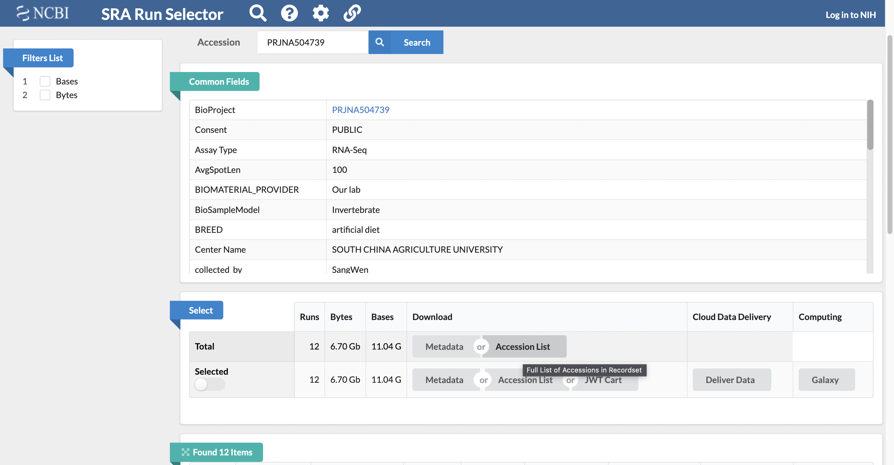 Example SRA Accession Search